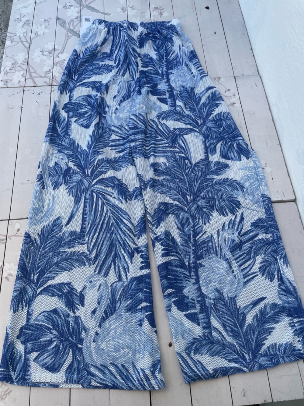Kiwi + Punch Miami Blue and White Tropical Print Wide Leg Pants for the beach